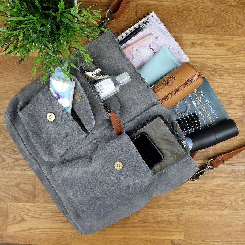 Leconi B-Ware Schultertasche Umhängetasche Ledertasche Veloursleder grau LE0039 Auslauf