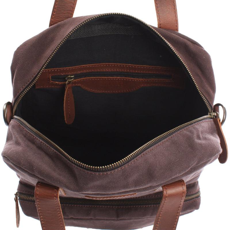 Leconi Rucksack Umhängetasche Damen Herren Leder Canvas mokka LE1014 Kostenloser Versand