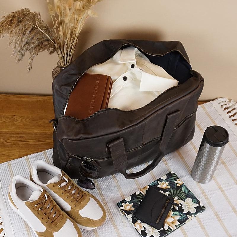 Leconi Weekender kleine Reisetasche Sporttasche vintage Leder dunkelbraun LE2018 Fabrik Onlineshop