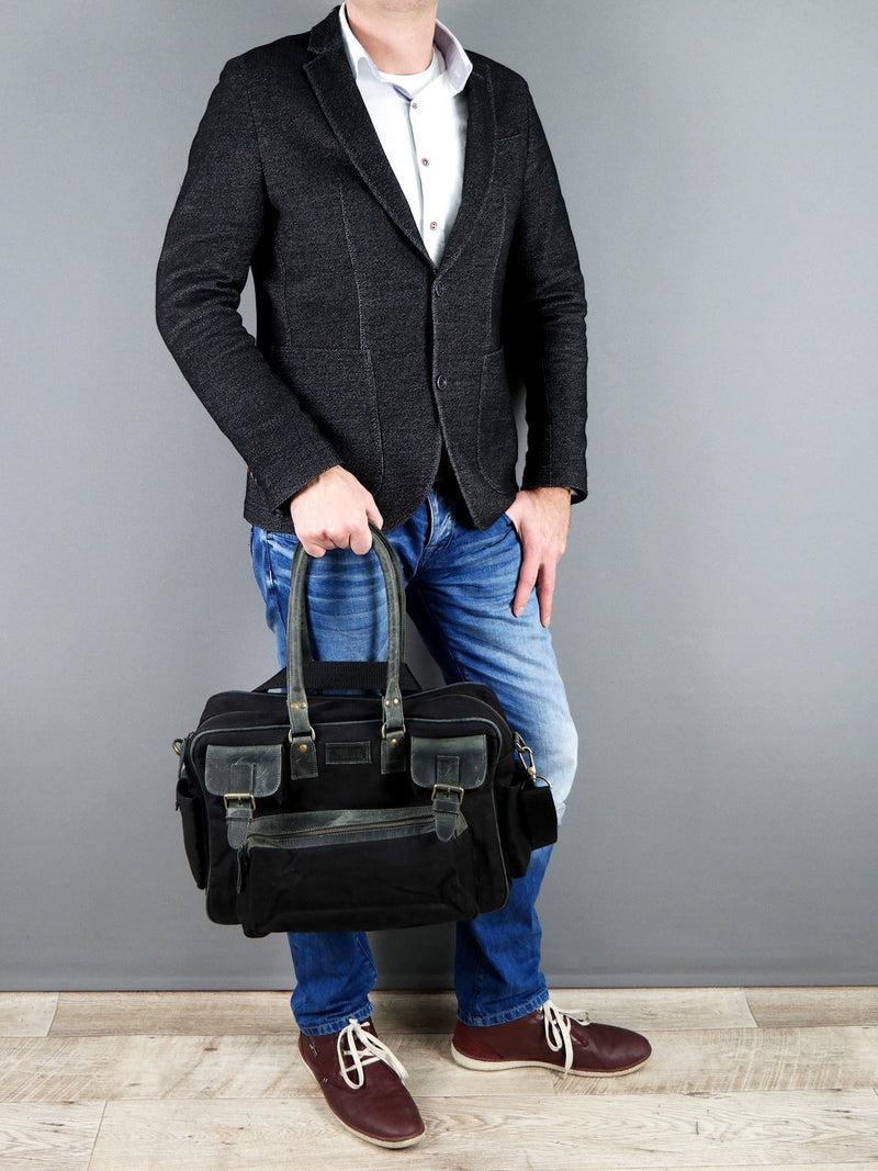Leconi Aktentasche Arbeitstasche Damen Herren Canvas Leder schwarz LE3038 Fabrikpreis