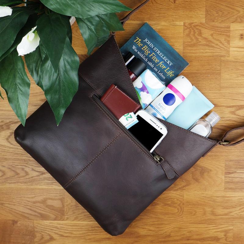Leconi Schultertasche Damentasche Handtasche Leder dunkelbraun LE0065 Vatertagsangebot