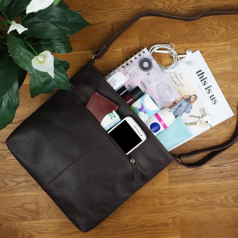 Leconi Umhängetasche Ledertasche Damen Schultertasche Leder dunkelbraun LE0066 Lagerräumung