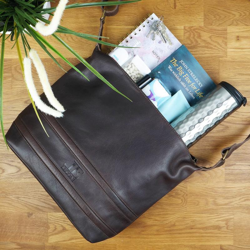 Leconi Umhängetasche Beuteltasche Ledertasche Damentasche Leder dunkelbraun LE0064 Heißer Verkauf