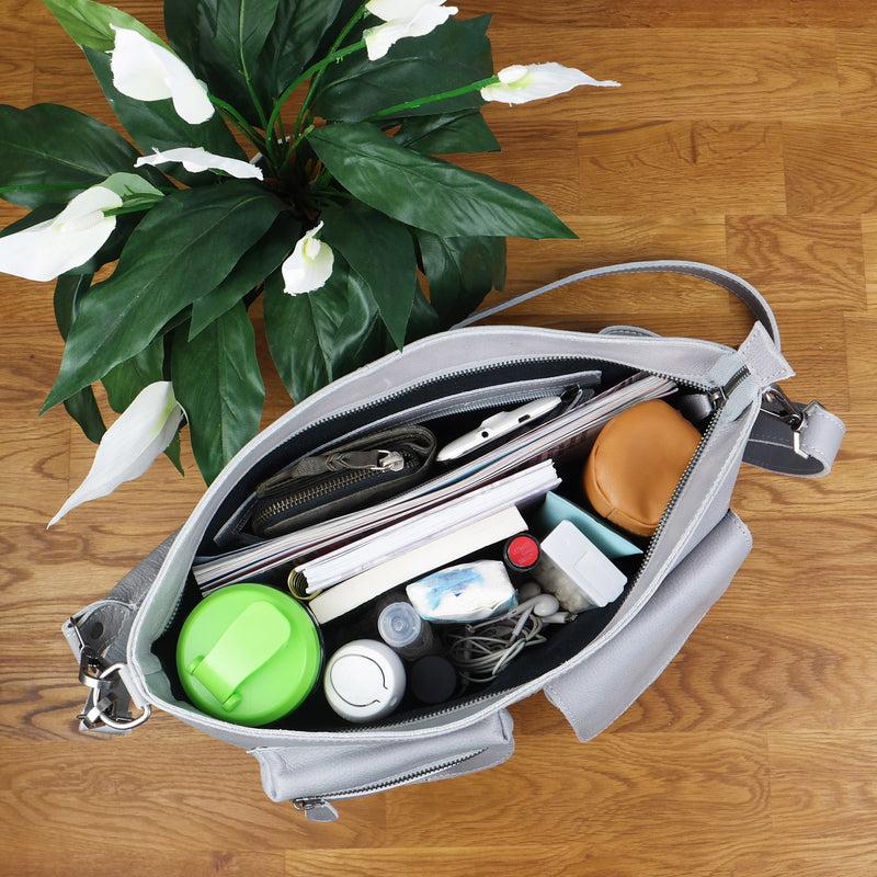 Leconi Schultertasche Umhängetasche Ledertasche Leder Damen hellgrau LE0062 Top Angebot