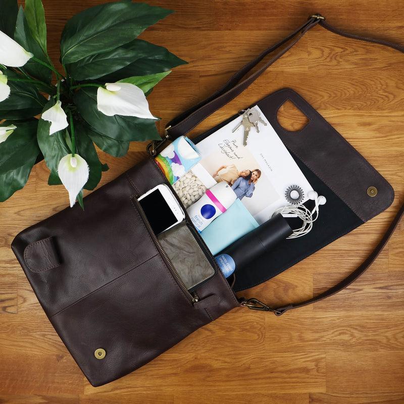 Leconi Umhängetasche Ledertasche Damen Schultertasche Leder dunkelbraun LE3073 Neueste Mode