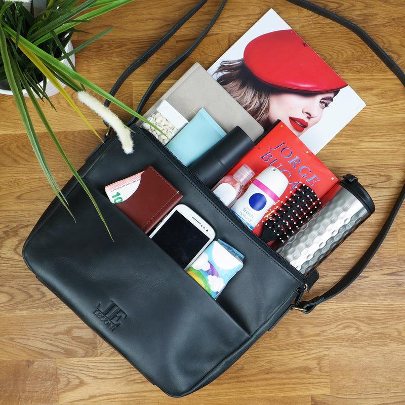 Leconi Umhängetasche Ledertasche Damen Herren Schultertasche Leder dunkelgrau LE0067 Exklusive Angebote