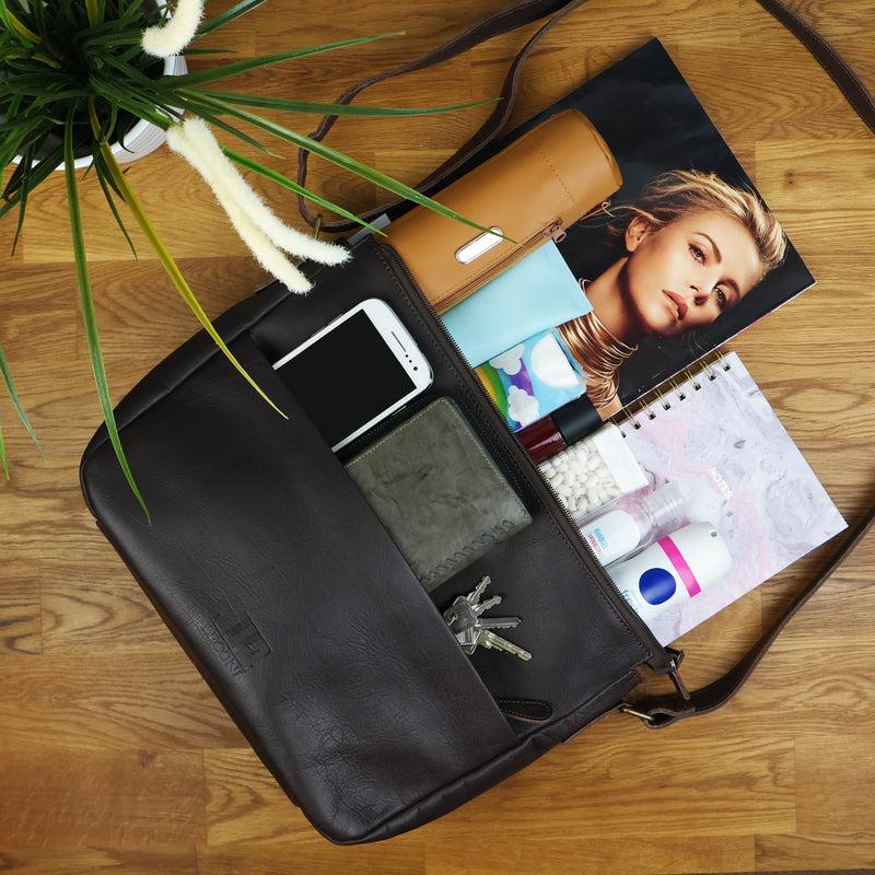 Leconi Umhängetasche Ledertasche Damen Herren Schultertasche Leder dunkelbraun LE0067 Blitzangebot
