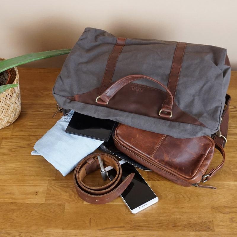 Leconi kleine Reisetasche Handgepäck Canvas Leder grau LE2009 Bestseller