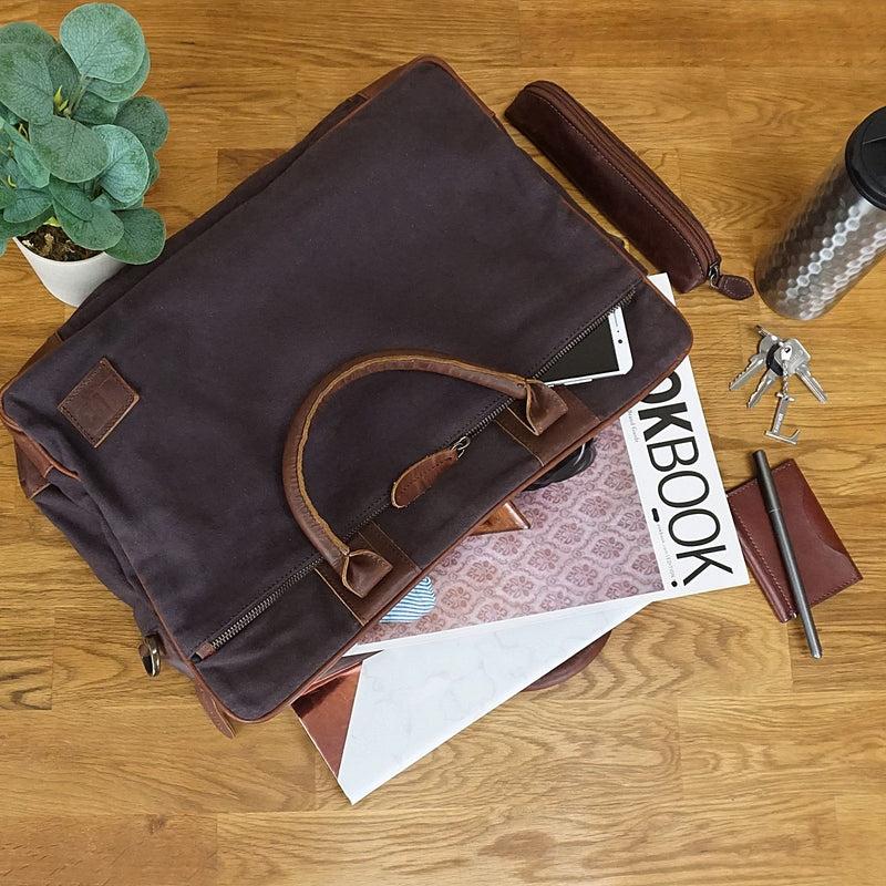 Leconi Aktentasche Arbeitstasche Bürotasche Canvas Leder mokka LE3066 Riesige Ersparnisse