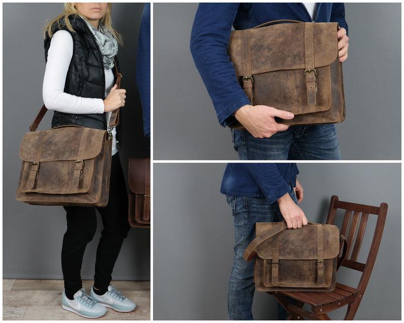 Leconi Messenger Bag Aktentasche Damen Herren Leder vintage braun LE3055 Tiefpreis