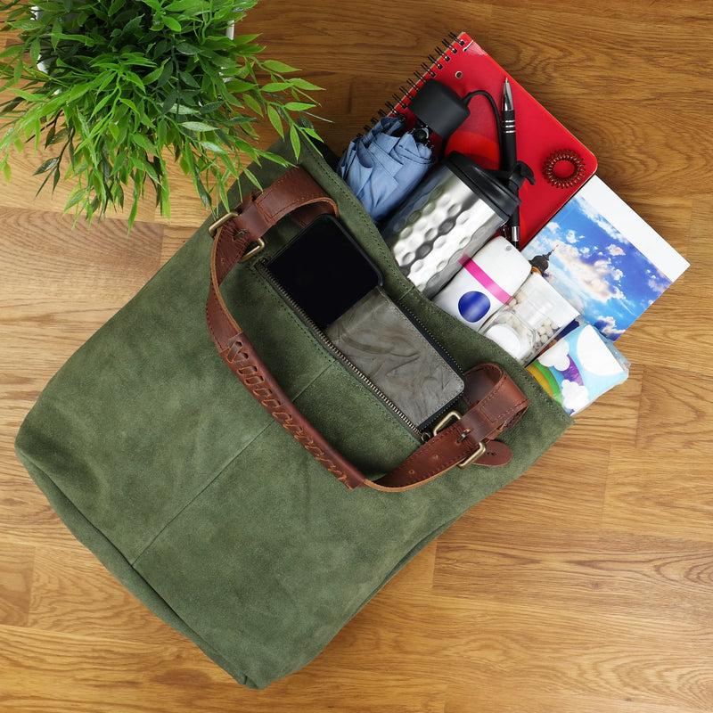 Leconi Henkeltasche Damentasche Veloursleder Leder grün LE0033 Kostenloser Versand international