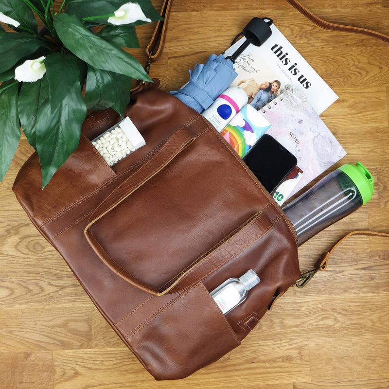 Leconi Shopper Schultertasche Henkeltasche Damen Handtasche Leder braun LE0061 Fabrikladen