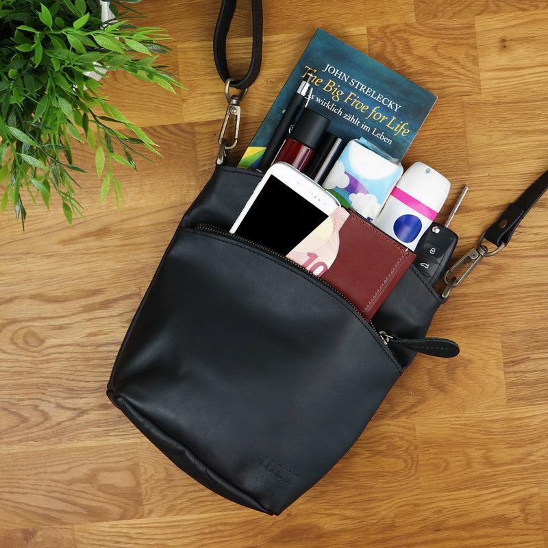 Leconi kleine Umhängetasche Schultertasche Freizeittasche Leder schwarz LE3049 Im Verkauf