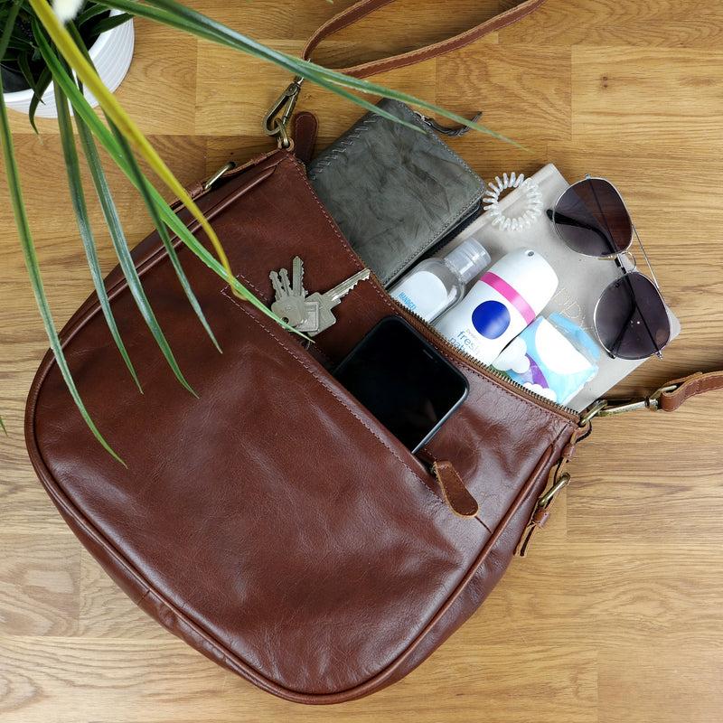 Leconi Schultertasche Henkeltasche Damentasche Leder braun LE0063 zollfrei