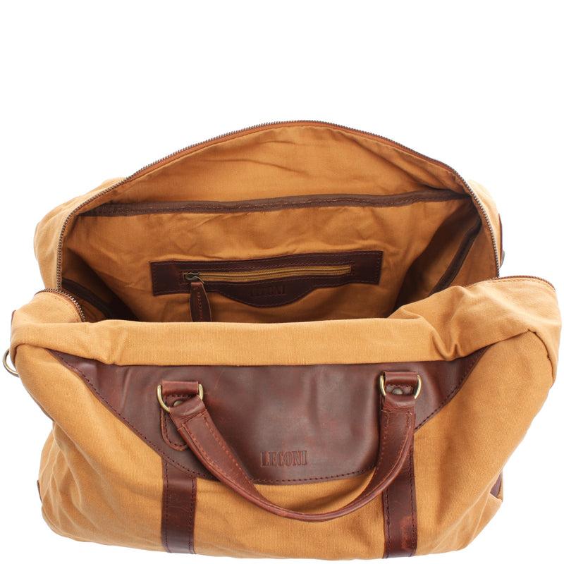 Leconi kleiner Weekender Sporttasche Canvas Leder cognac LE2009 Günstiger Verkauf