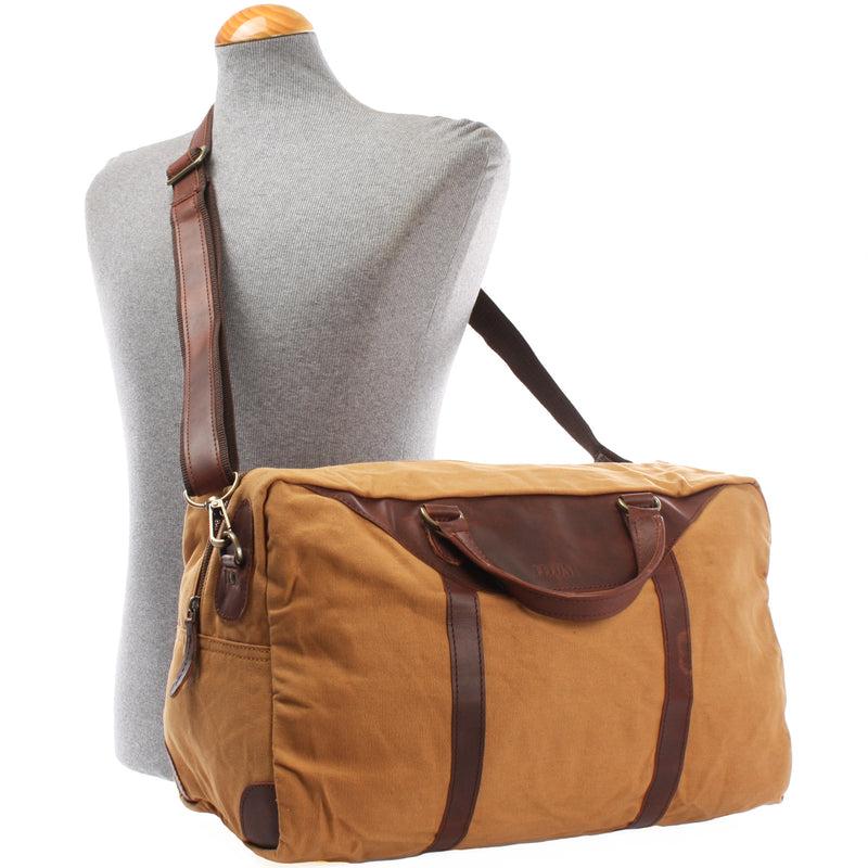 Leconi kleiner Weekender Sporttasche Canvas Leder cognac LE2009 Günstiger Verkauf