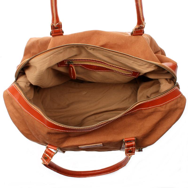 Leconi Reisetasche Weekender Handgepäck Leder Canvas cognac LE2010 Fabrikverkauf