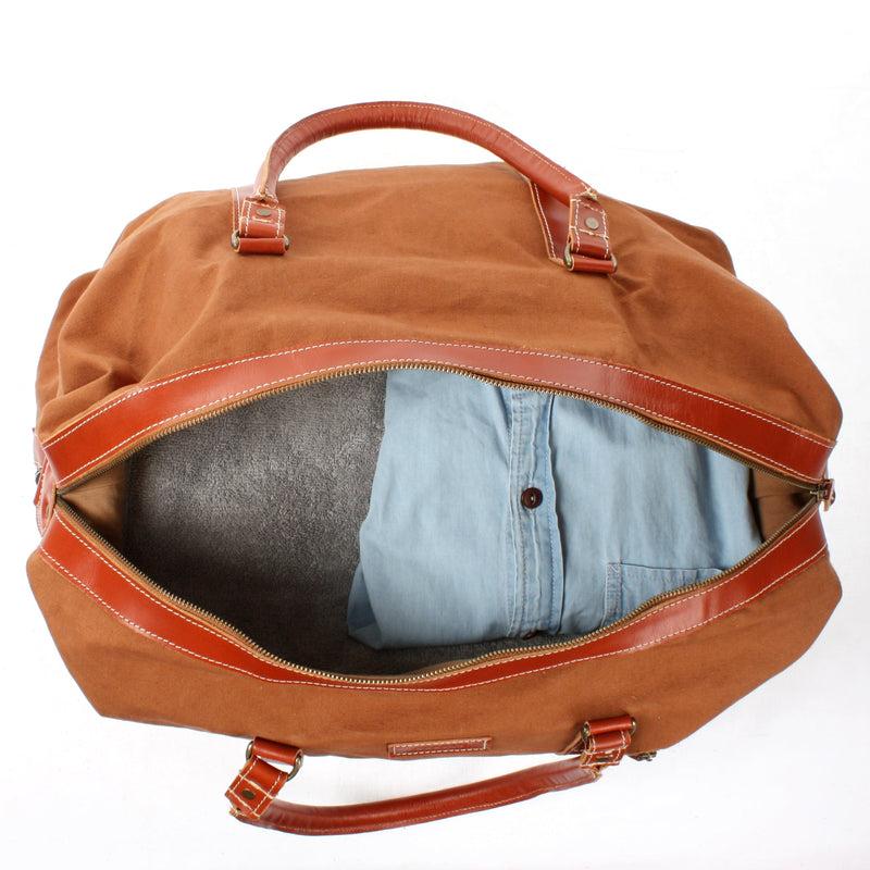 Leconi Reisetasche Weekender Handgepäck Leder Canvas cognac LE2010 Fabrikverkauf