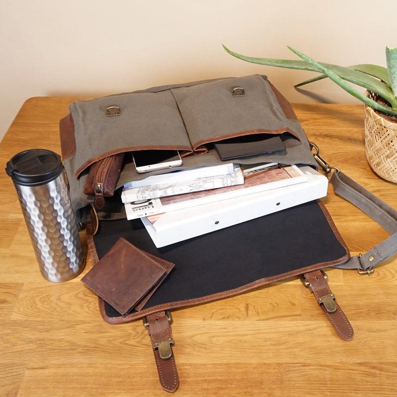 Leconi Kuriertasche Umhängetasche DIN A4 Leder Canvas grau LE3032 Limitierter Zeitrabatt