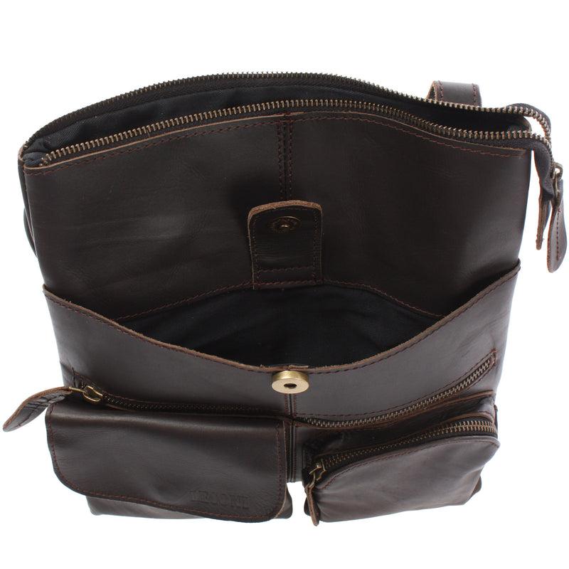 Leconi Umhängetasche Schultertasche Damen Herren Used Look Leder dunkelbraun LE3011 Rabatt