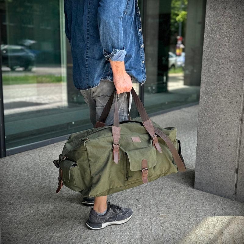 Leconi großer Weekender Reisetasche Sporttasche Damen Herren Leder Canvas grün LE2019 Preisnachlass