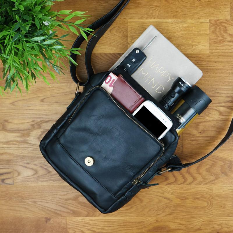 Leconi kleine Freizeittasche Umhängetasche Schultertasche Leder schwarz LE3042 Weihnachtsangebot