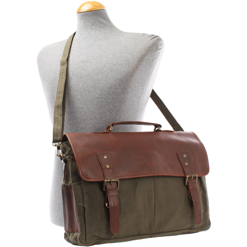 Leconi Messenger Bag Din A4 Kuriertasche Leder Canvas grün LE3018 Osterangebot