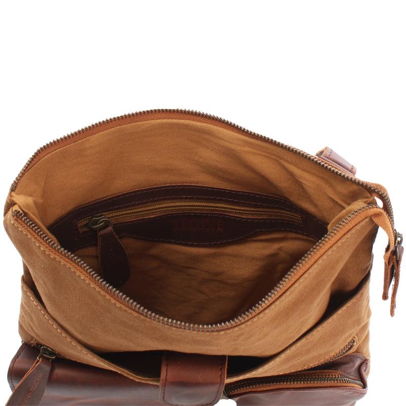 Leconi Umhängetasche Schultertasche Damen Herren Used Look Leder Canvas cognac LE3011 Muttertagsangebot