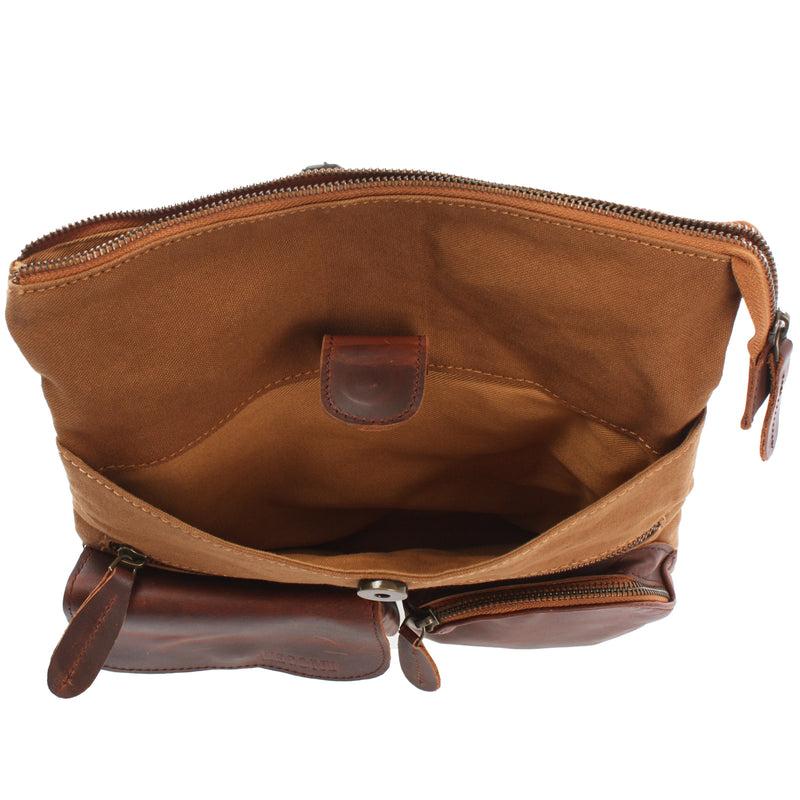 Leconi Umhängetasche Schultertasche Damen Herren Used Look Leder Canvas cognac LE3011 Muttertagsangebot