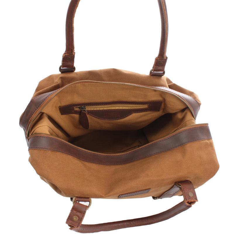 Leconi kleiner Weekender Shopper Damen Herren Leder Canvas cognac LE2006 Heißer Verkauf