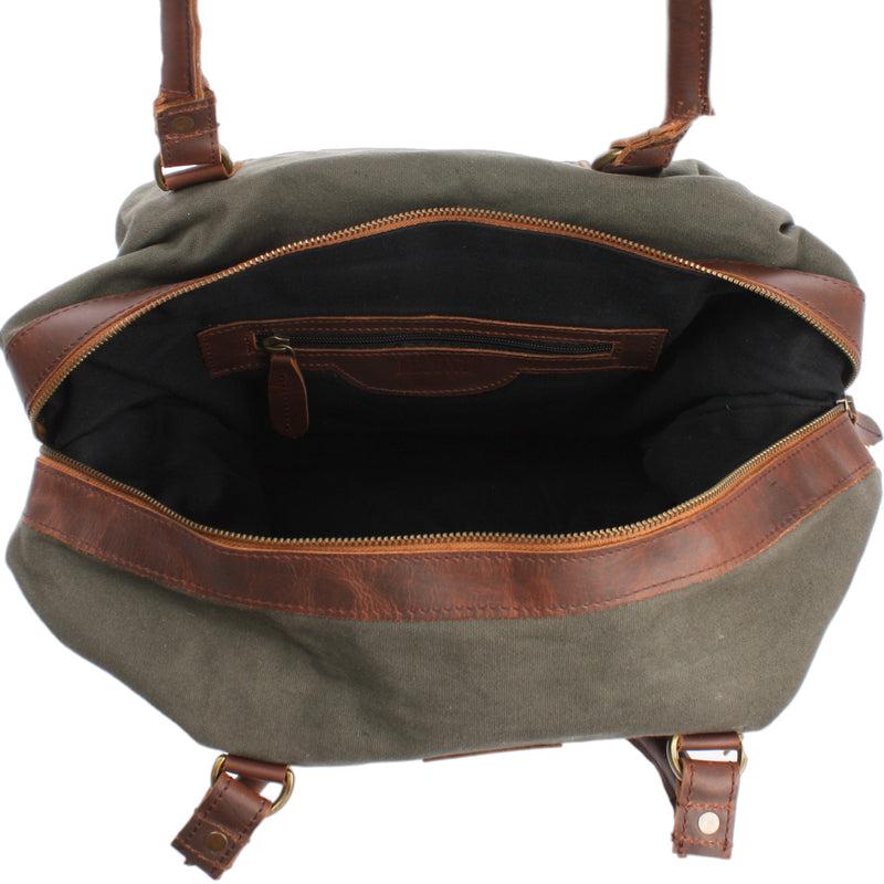 Leconi kleiner Weekender Shopper Damen Herren Leder Canvas grün LE2006 Top Angebot