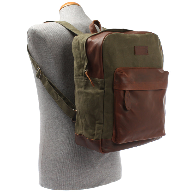 Leconi Freizeitrucksack Lederrucksack Sportrucksack Leder Canvas grün LE1015 Neuheiten