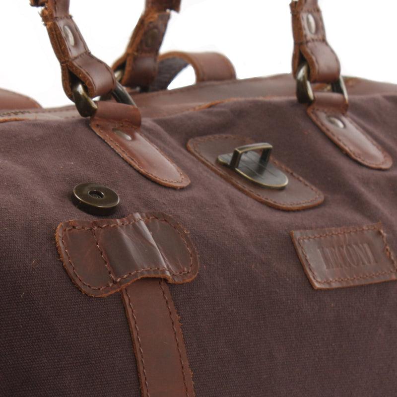 Leconi kleiner Weekender Handgepäck Damen Herren Leder Canvas mokka LE2008 Sonderangebote