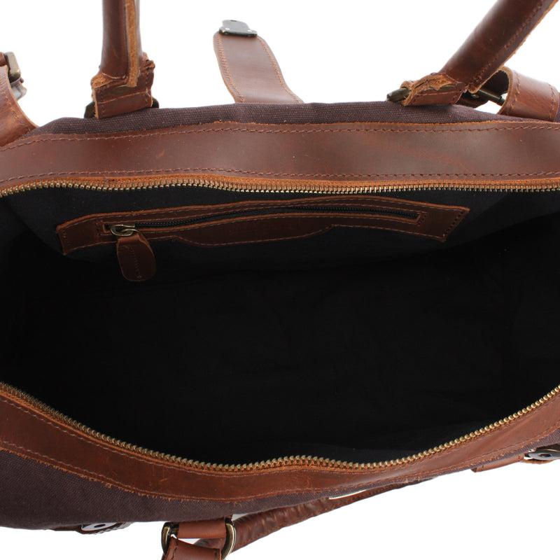 Leconi kleiner Weekender Handgepäck Damen Herren Leder Canvas mokka LE2008 Sonderangebote
