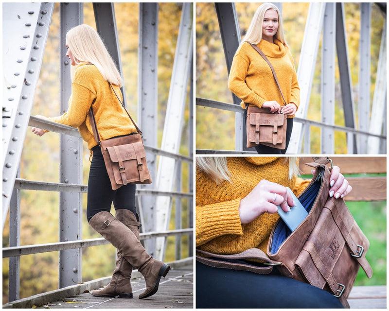 Leconi mittelgroße Umhängetasche Ledertasche Damen Herren Vintage Leder braun LE3036 VIP-Rabatte