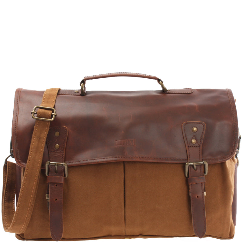 Leconi Messenger Bag Din A4 Kuriertasche Leder Canvas cognac LE3018 Wochenangebot