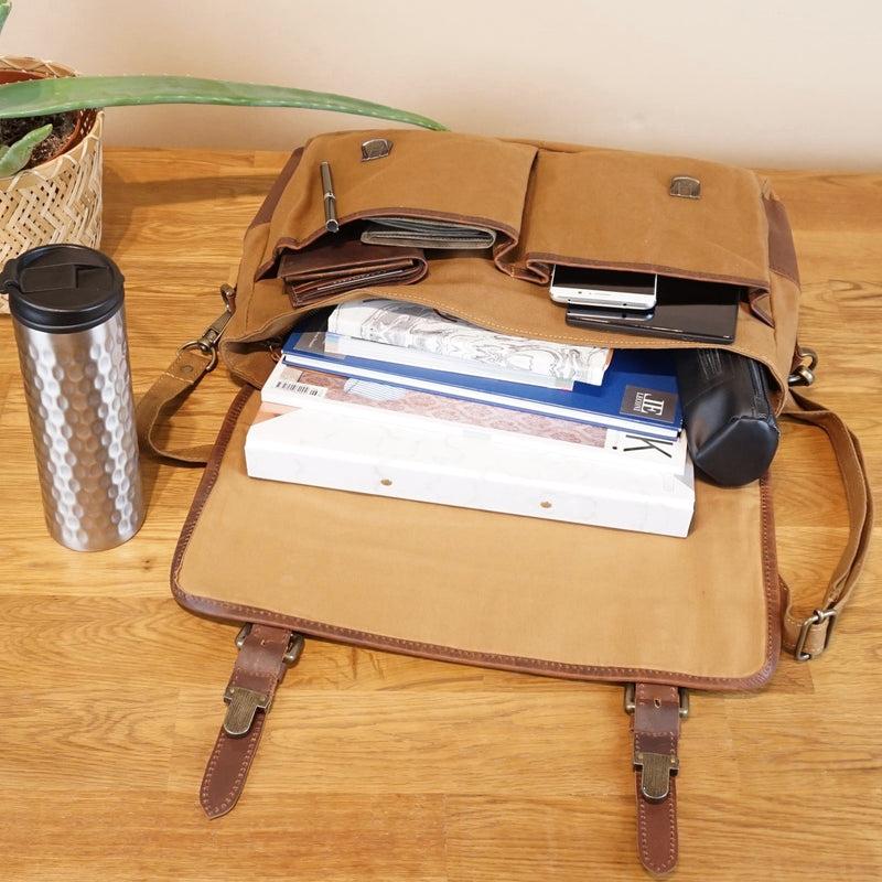 Leconi Messenger Bag Din A4 Kuriertasche Leder Canvas cognac LE3018 Wochenangebot