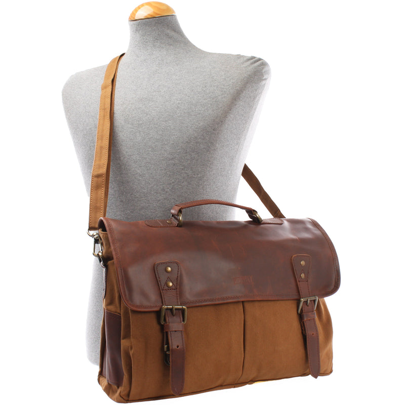 Leconi Messenger Bag Din A4 Kuriertasche Leder Canvas cognac LE3018 Wochenangebot