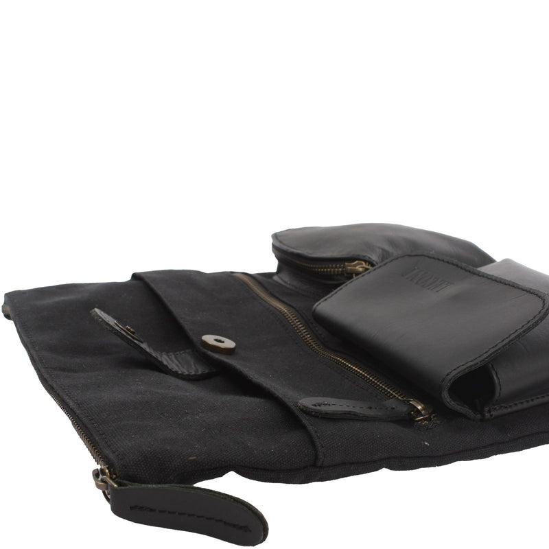 Leconi Umhängetasche Schultertasche Damen Herren Used Look Leder Canvas schwarz LE3011 Begrenzte Freigabe