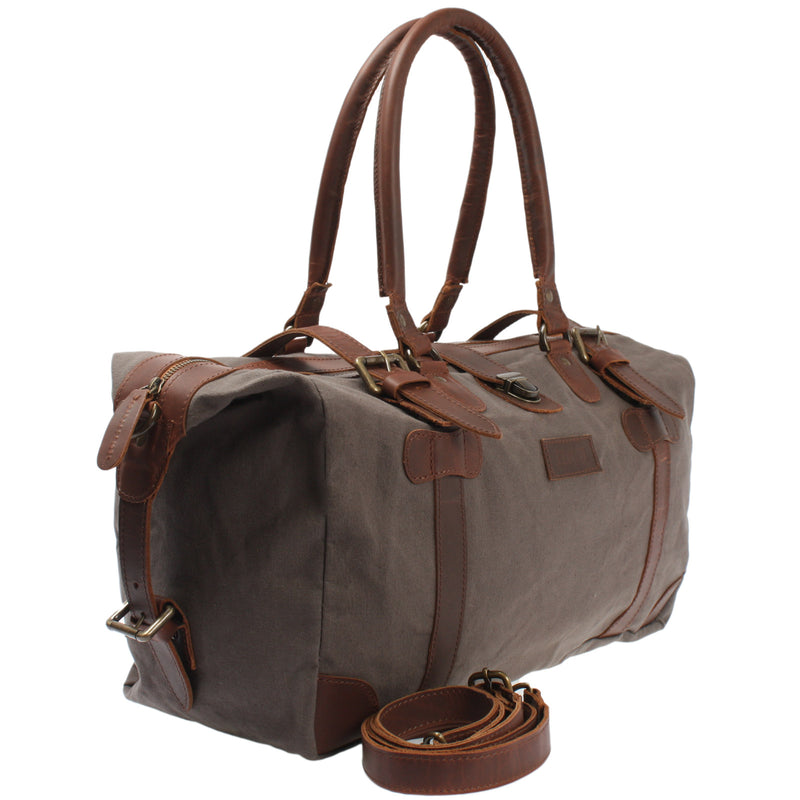 Leconi kleiner Weekender Handgepäck Damen Herren Leder Canvas grau LE2008 Neueste Stile
