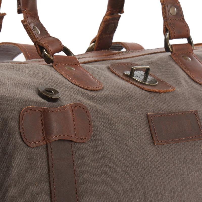 Leconi kleiner Weekender Handgepäck Damen Herren Leder Canvas grau LE2008 Neueste Stile