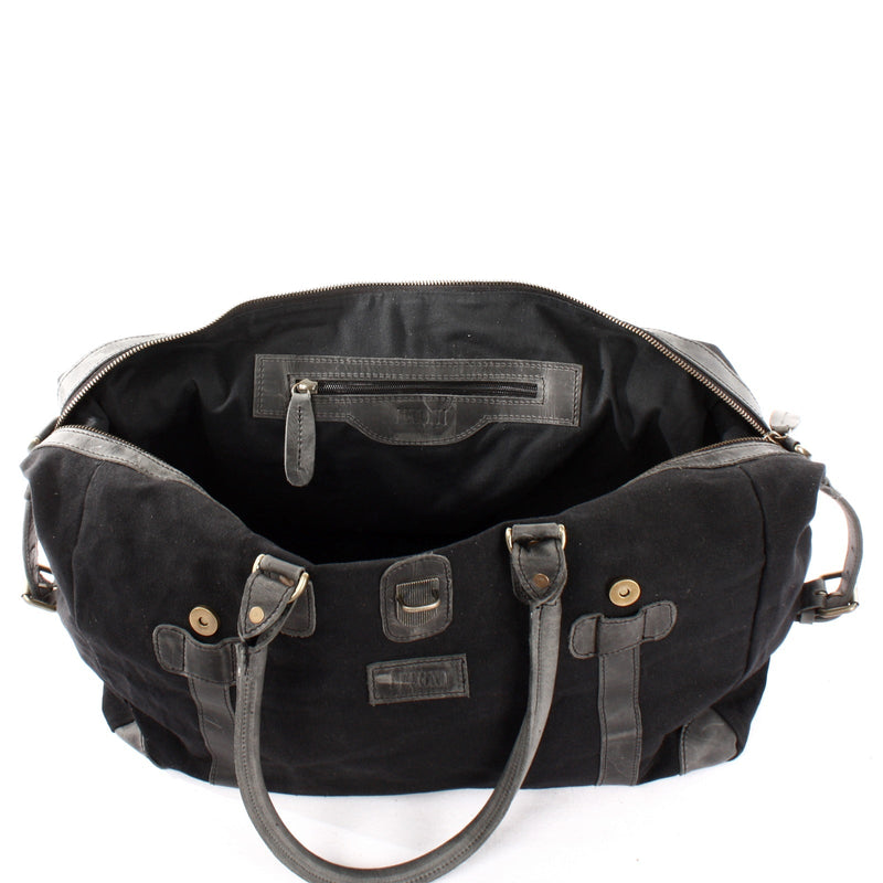 Leconi kleiner Weekender Handgepäck Damen Herren Leder Canvas schwarz LE2008 Letzte 2 Tage