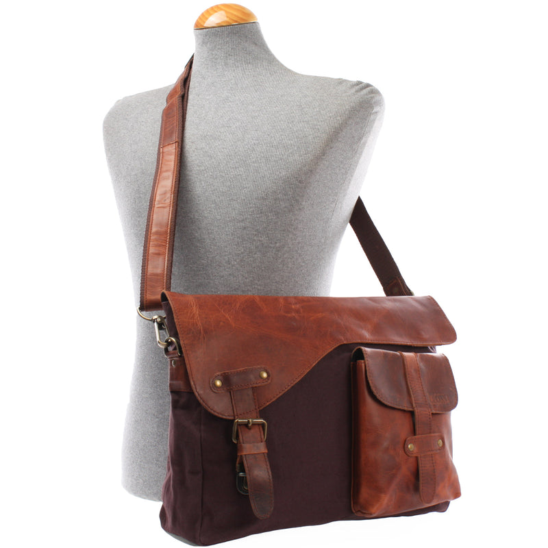 Leconi Umhängetasche Collegetasche DIN A4 Leder Canvas mokka LE3032 Zeitbegrenzte Promotion