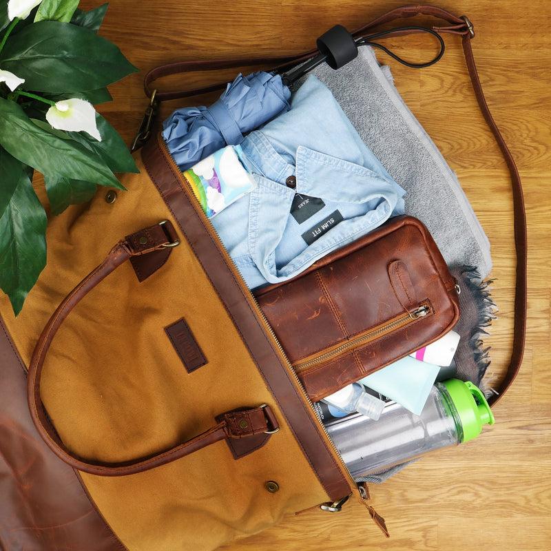 Leconi XXL Shopper Schultertasche Beuteltasche Leder Canvas cognac LE2005 Sonderangebot der Fabrik