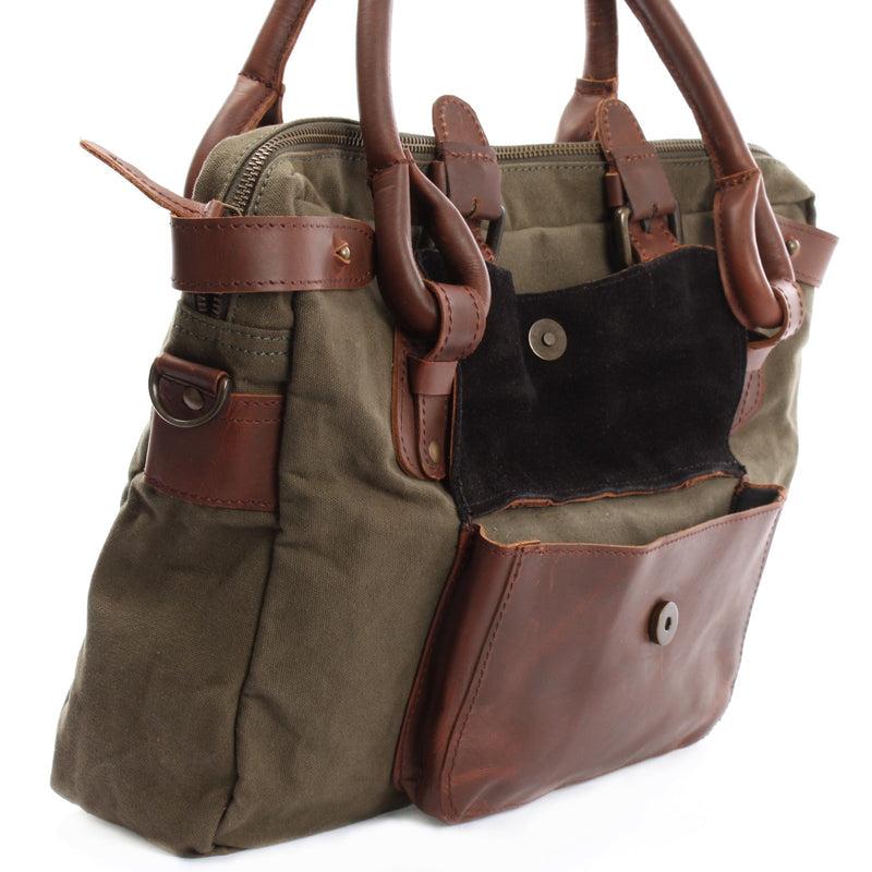 Leconi Schultertasche Henkeltasche Damentasche Handtasche Leder Canvas grün LE0050 Super Rabatt
