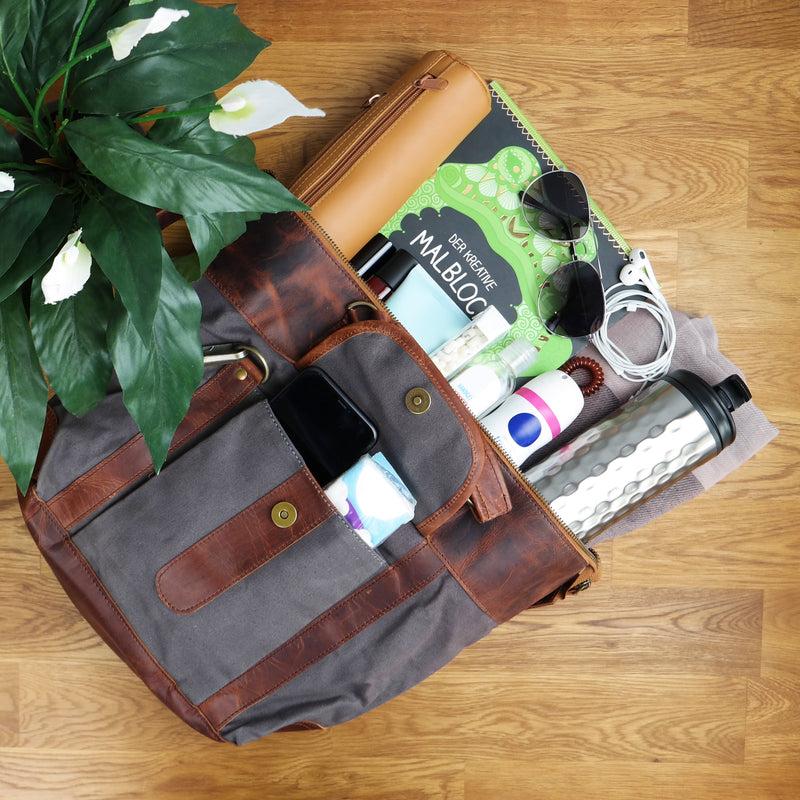 Leconi Henkeltasche Schultertasche Canvas Leder grau LE0043 Riesige Rabatte