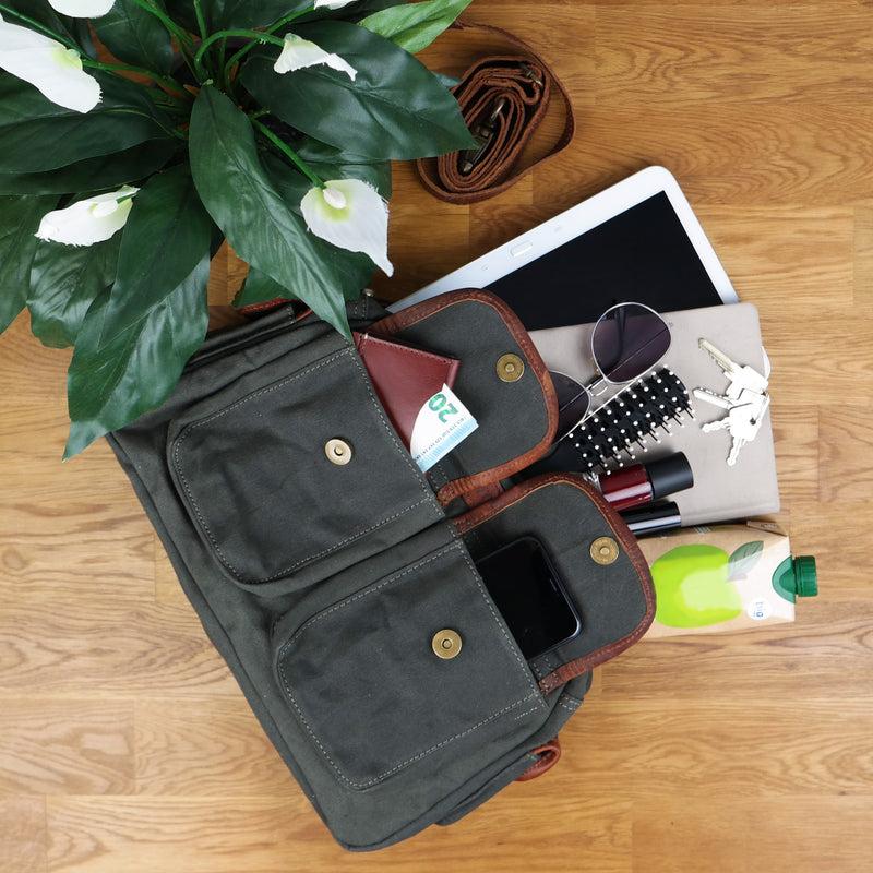 Leconi Henkeltasche Damentasche Canvas Leder grün LE0042 50% Rabatt mit kostenlosem Versand