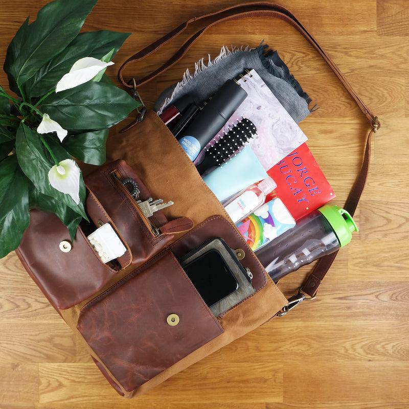 Leconi Schultertasche Umhängetasche Ledertasche Canvas Leder cognac LE0039 Clearance-Verkauf