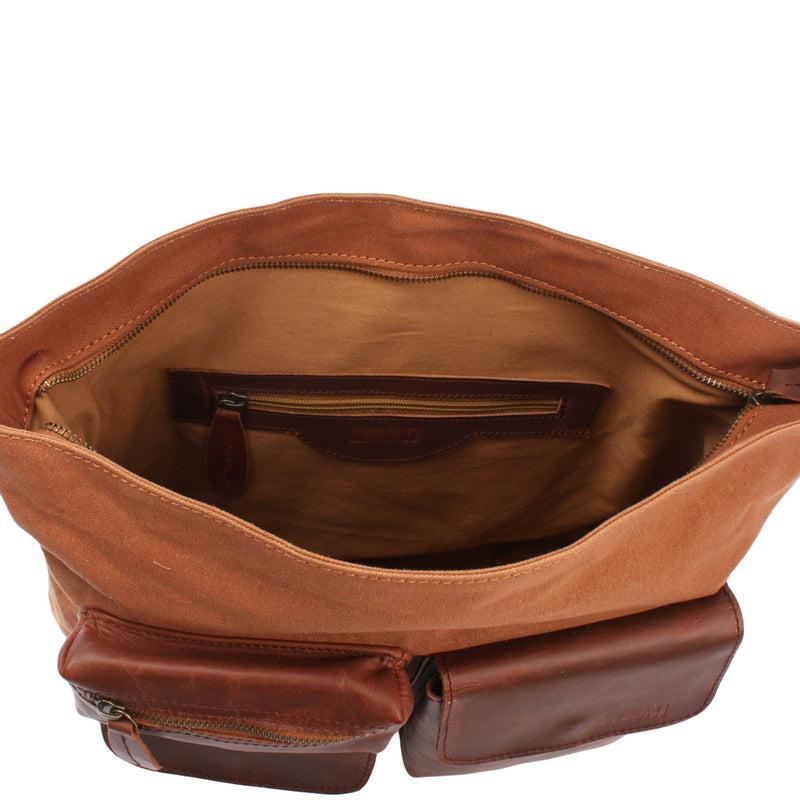 Leconi Schultertasche Umhängetasche Ledertasche Canvas Leder cognac LE0039 Clearance-Verkauf