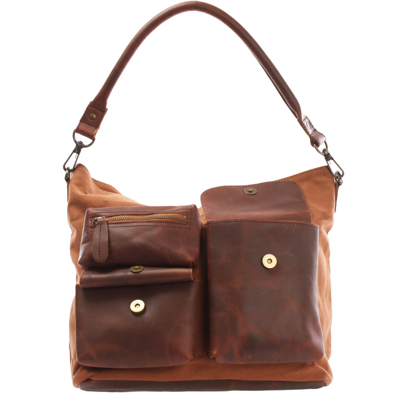 Leconi Schultertasche Umhängetasche Ledertasche Canvas Leder cognac LE0039 Clearance-Verkauf